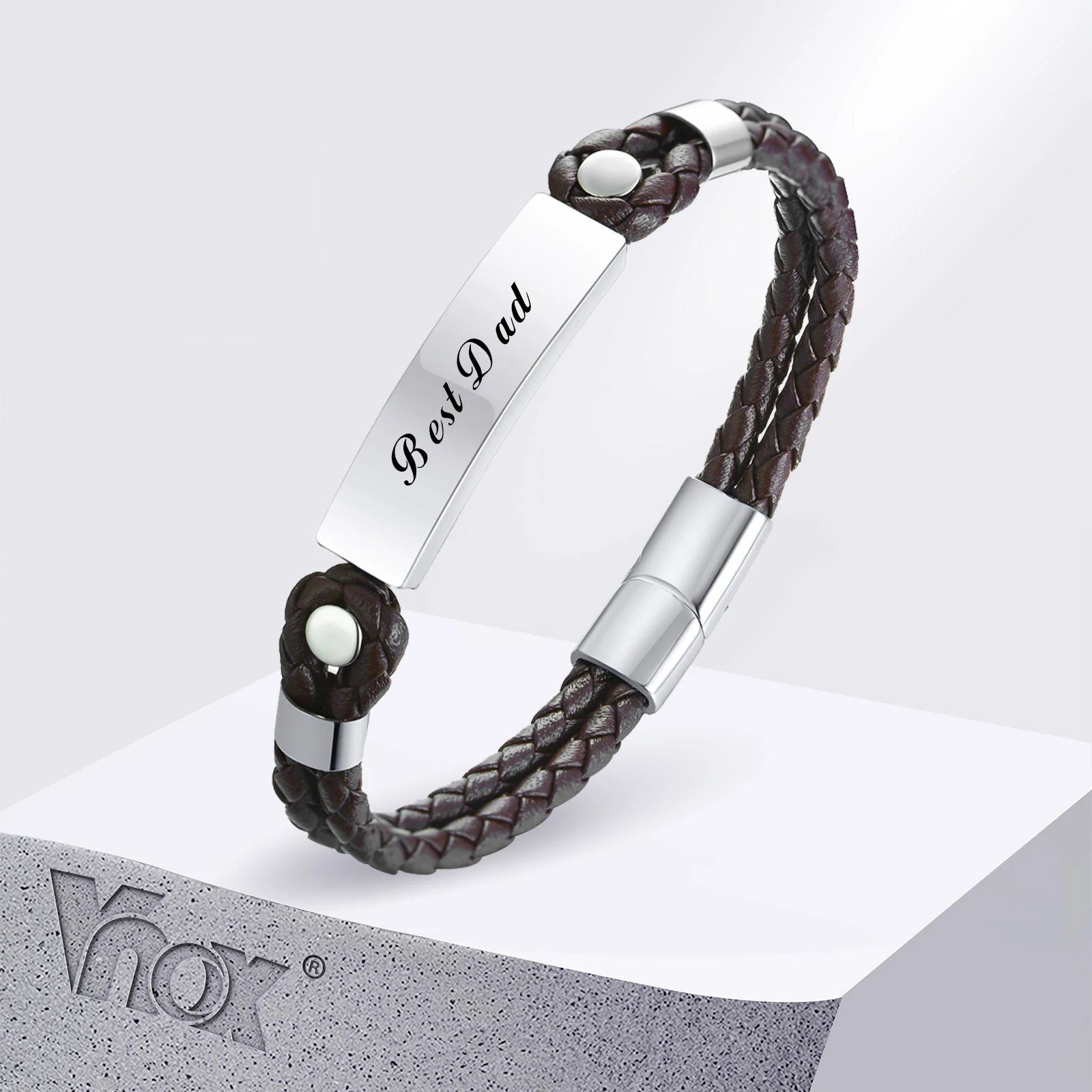 

Vnox Free Personalized Mens Bracelets, Brown Genuine Leather Bangle, Engraved Motivation Gift Jewelry to Dad Son