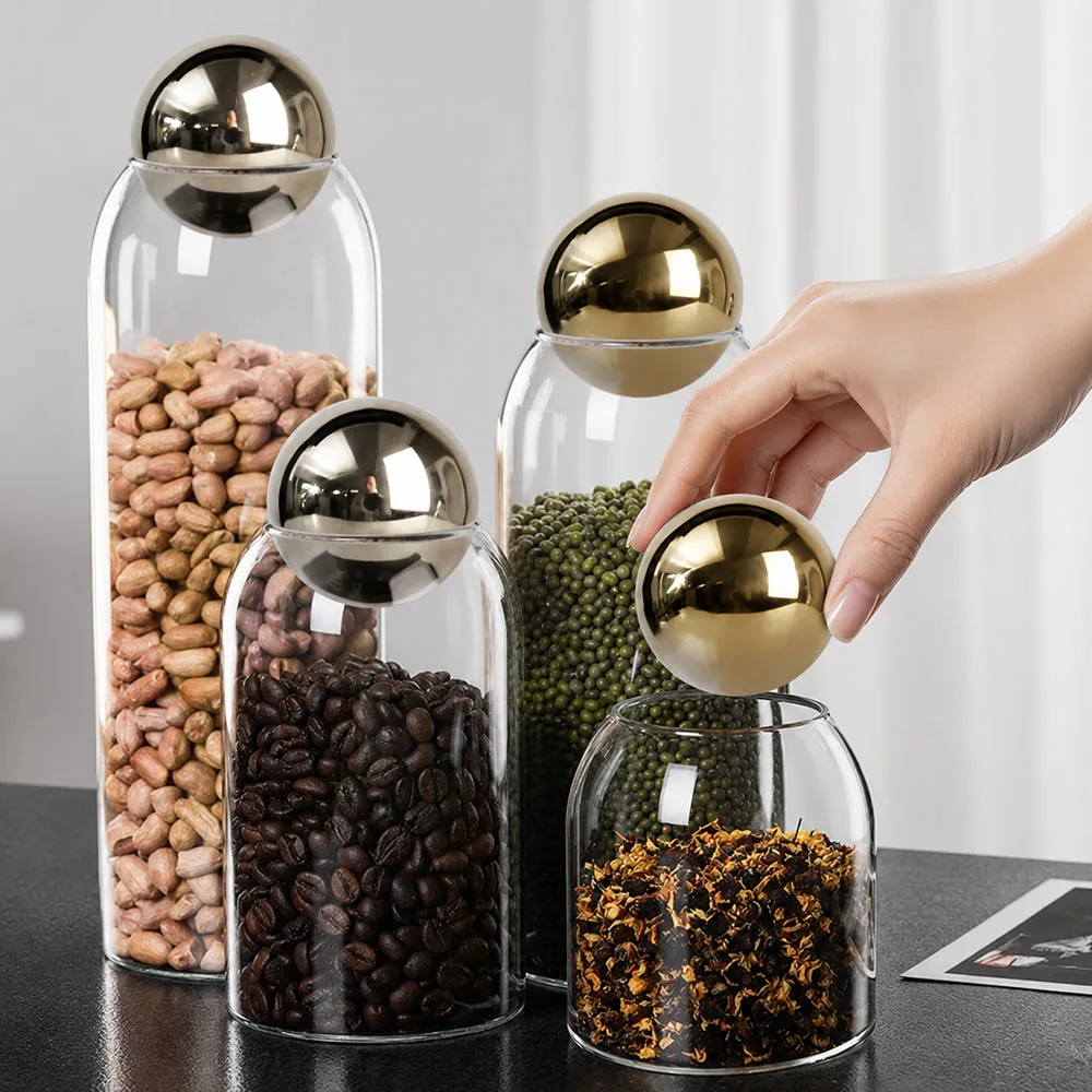 Golden Cork Cover Glass Storage Jar Kitchen Food Storage Container Coffee Bean Tea Can Sundries Storage Bottle Home Decoration