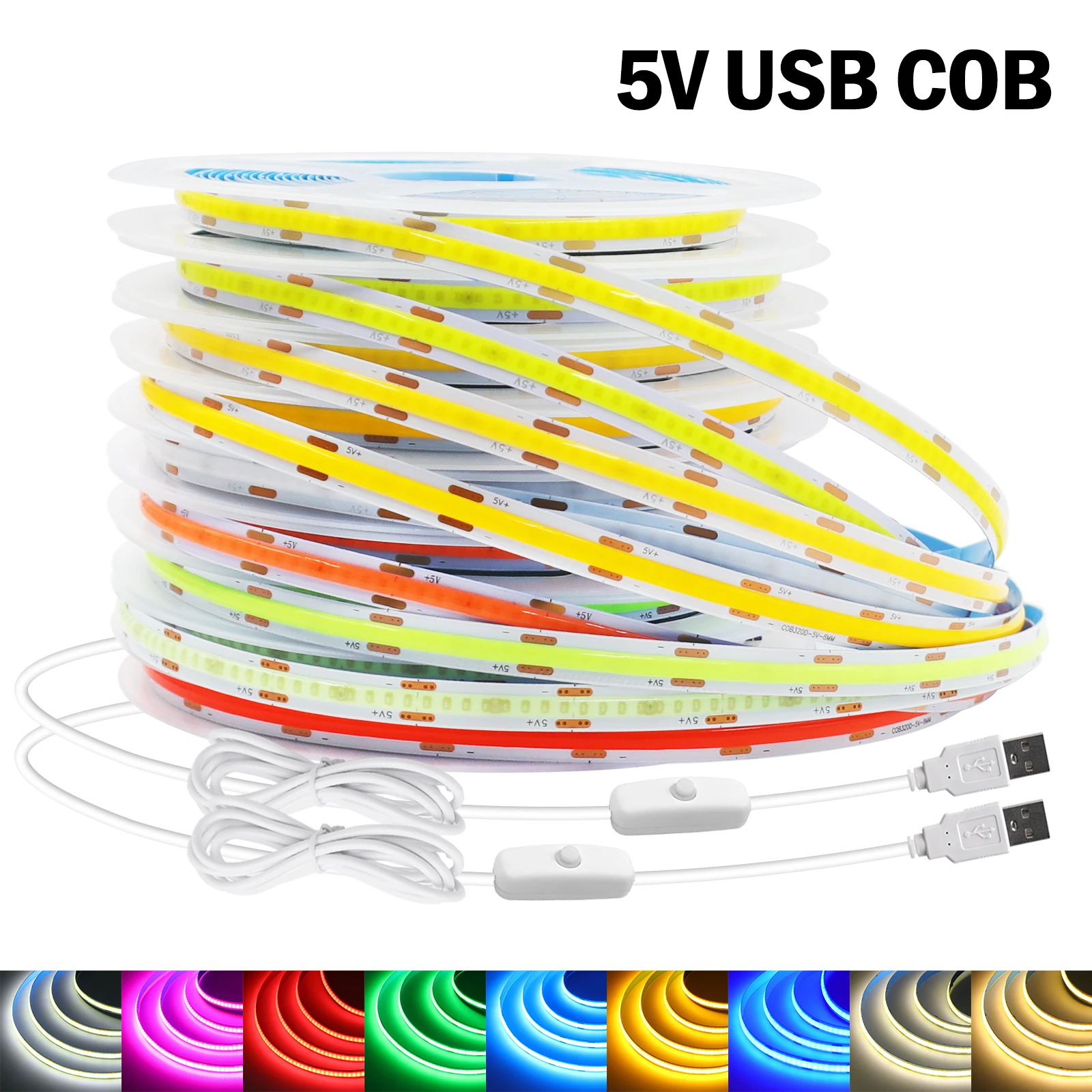 

DC 5 В USB COB Strip 320 светодиодов/м с переключателем ВКЛ/ВЫКЛ Белый/Красный/Синий/Розовый/Желтый Подсветка телевизора Гибкая лента Веревка Светодиодный светильник