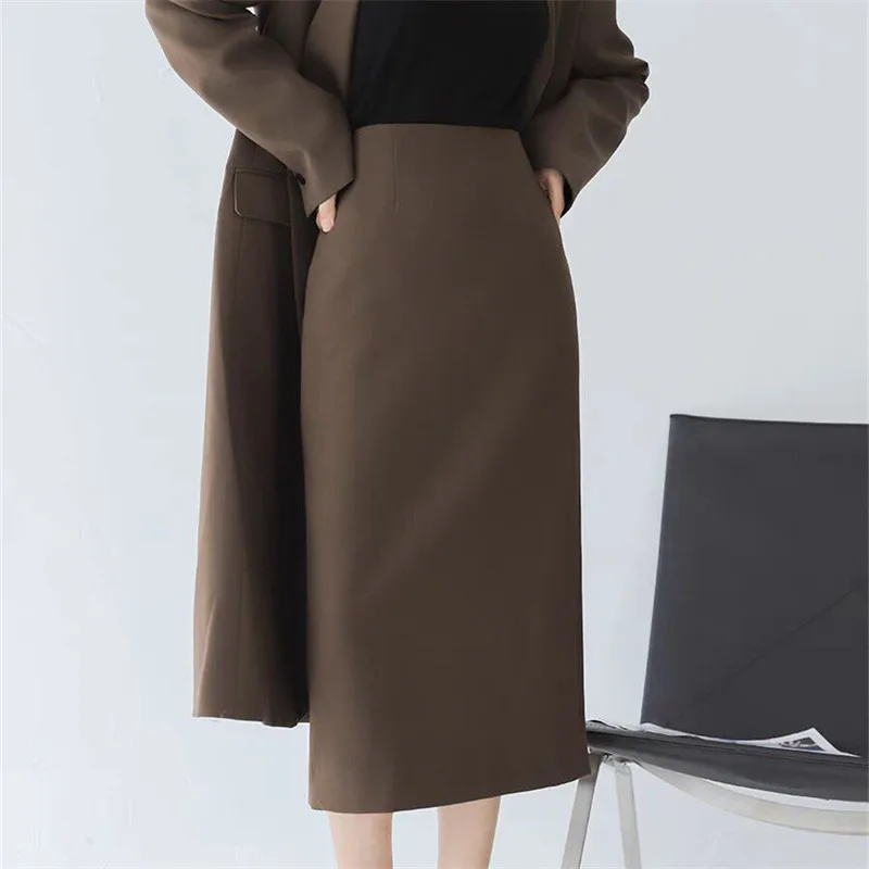 High Waist Midi Coffee Colored A-Line Skirt for Women Spring Summer Season Commute Style  Wrap Bodycon Suit Skirt
