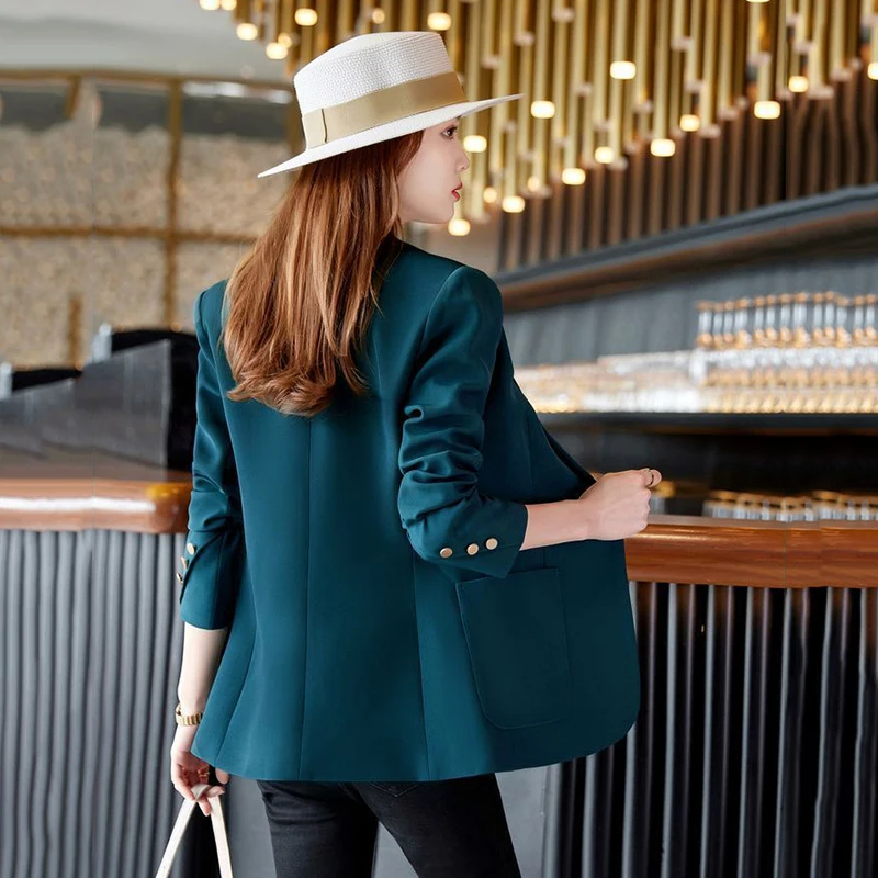 Peacock Blue Women Blazer 2023 Autumn Slim Short Blazers Coat Office Work Suit Pockets Jackets Female Korea Casual Blazer Femme