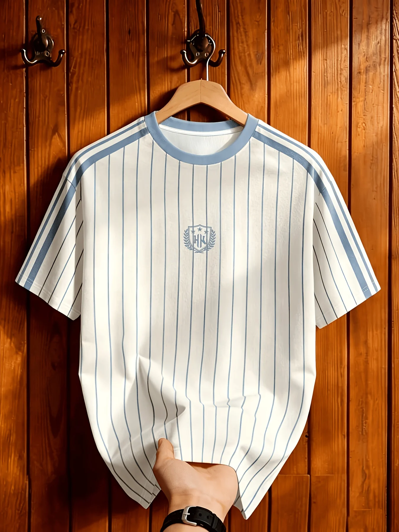 Herren Vintage Gestreiftes Fußballtrikot T-Shirt Weinrot Kurzarm O-Ausschnitt Lässiges Sport-T-Shirt Retro Fußball-Stil Top Männliche Streetwear – Detail 5