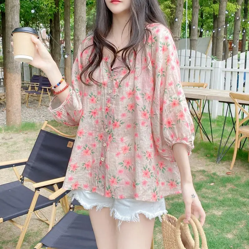 Spring Autumn New Fashion Printing Pure Cotton Blouses Women\'s Clothing Floral V-neck 3/4 Sleeve Button Sweet Loose Baby Shirt