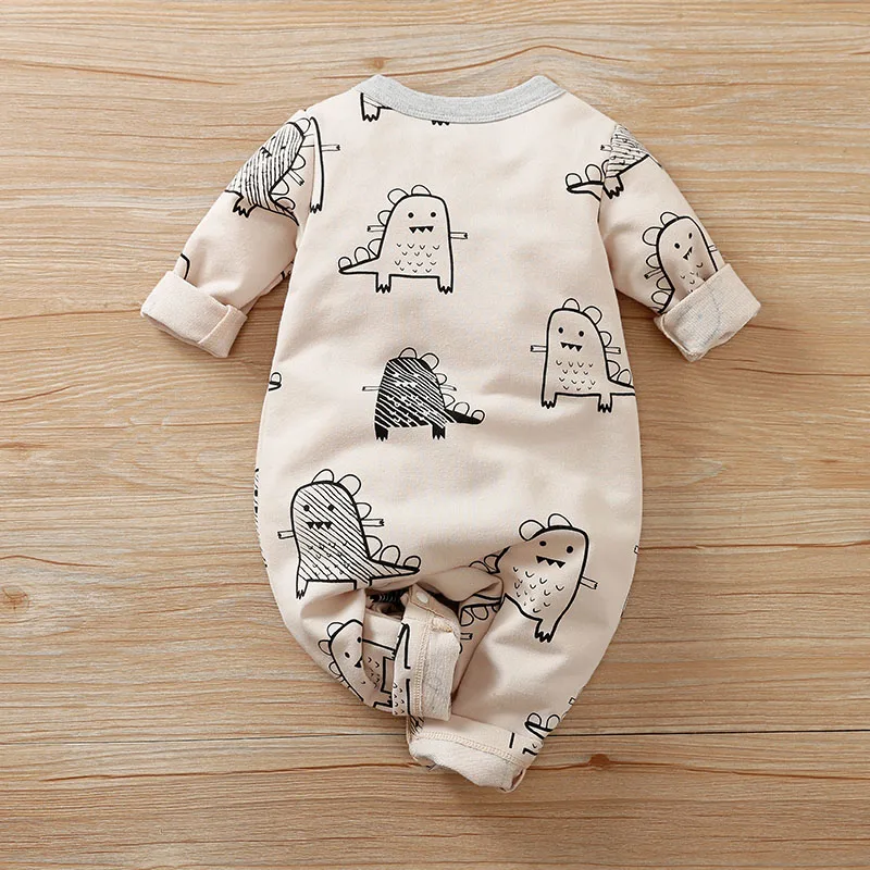 Spring and Autumn Boys and Girls Cute Handdrawn Dinosaur Comfortable Cotton Casual Long Sleeve Round Neck Baby Bodysuit