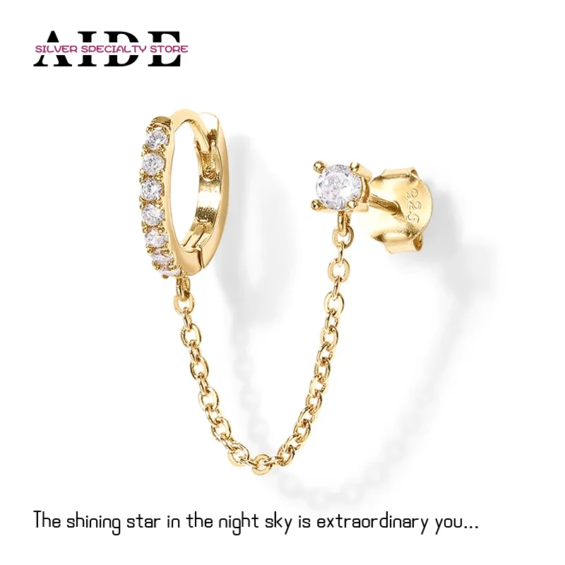 AIDE Real 925 Silver White Green Zircon Huggie Earring For Women Double Piercing Chain Stud Earring Pendant Buckle Jewelry Gifts