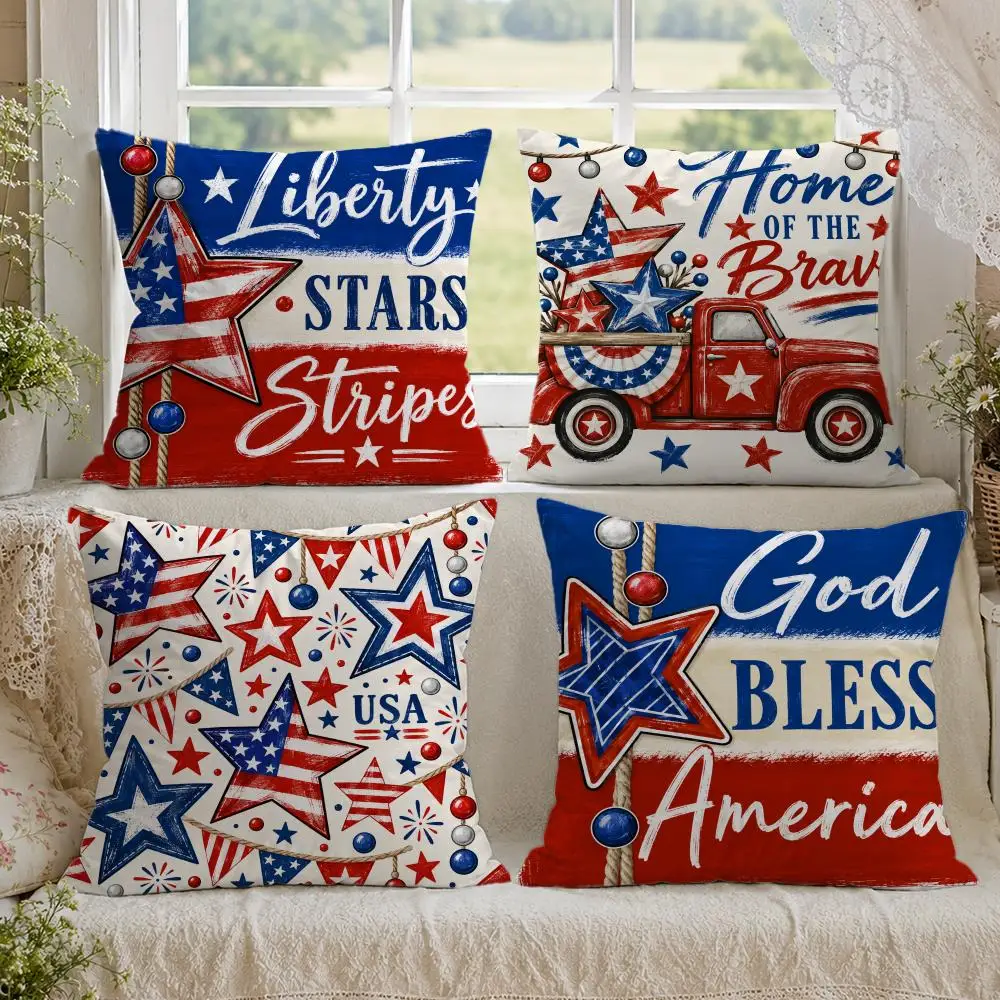 US Flag Stars Independence Day Commemoration Cushion Cover 1/4PCS Linen Sofa Couch Bedroom Living Room Home Decor Pillow Case