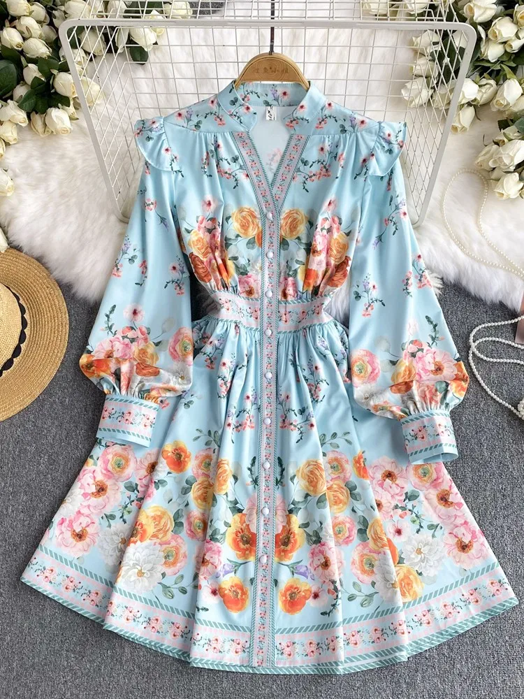 New Vintage Women Short Party Dress Female Palace Attire Female Long Sleeve Printed V Neck Dresses Woman Elegant Holiday Rober