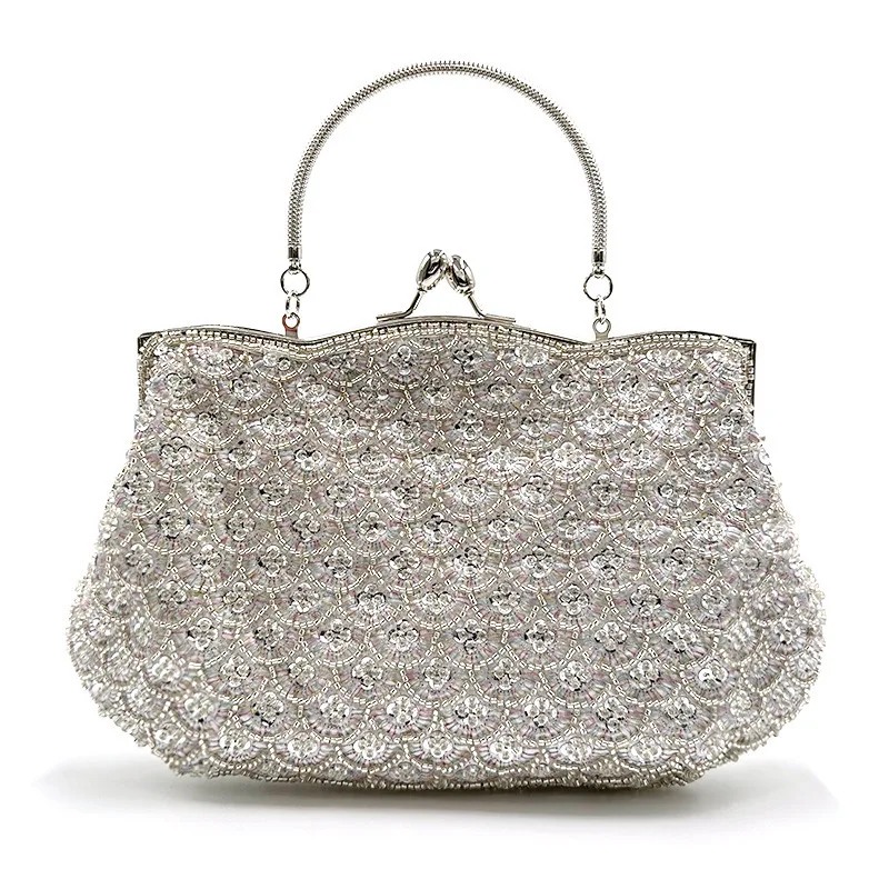 

Fine Handmade Sequin Beading Ladies Dinner Evening Bags Metal Handle Handbags Wedding Party Chain Shoulder Bags For Women Purse