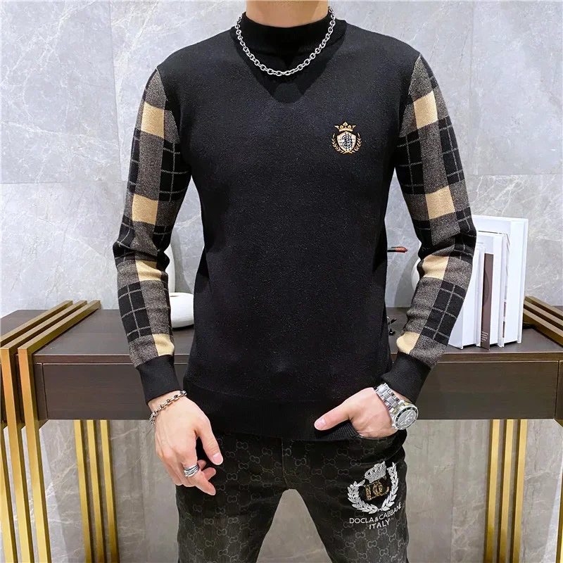 Winter Keep Warm Men's Sweater Retro Splicing Slim Casual Knitted Jacquard Pullover Mock Neck Knitwear Tops Social Streetwear