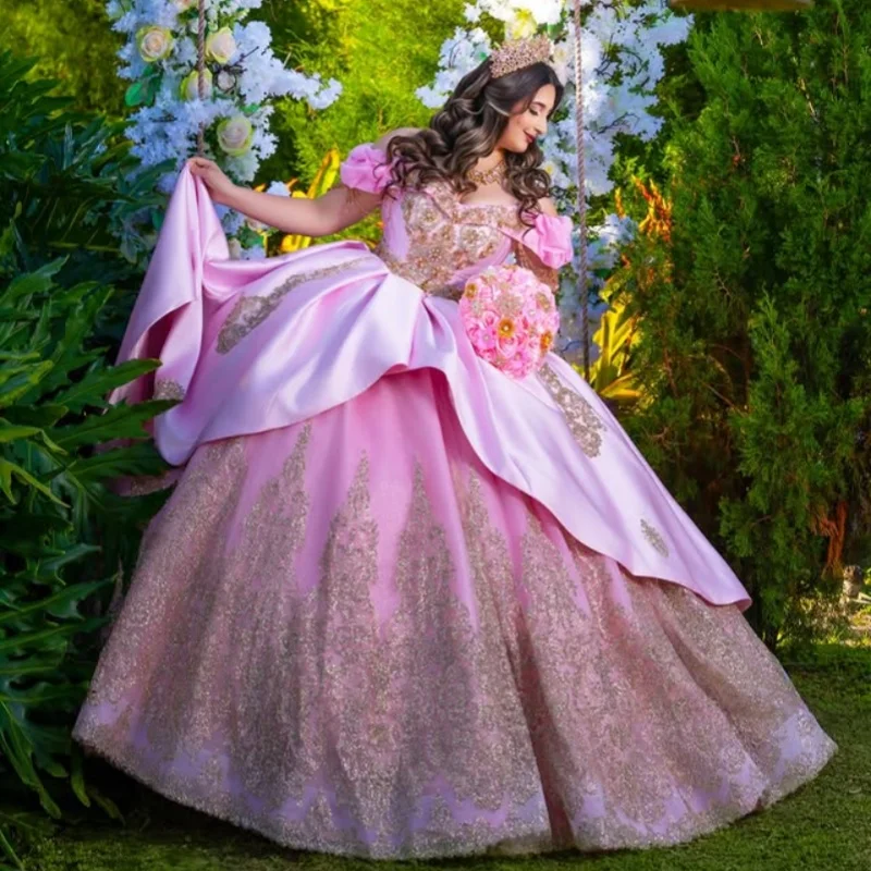 Satin Pink Quinceanera Dresses Off the Shoulder Golden Glitter Flower Decal Long tail Vestido De 15 Quinceanera Customize