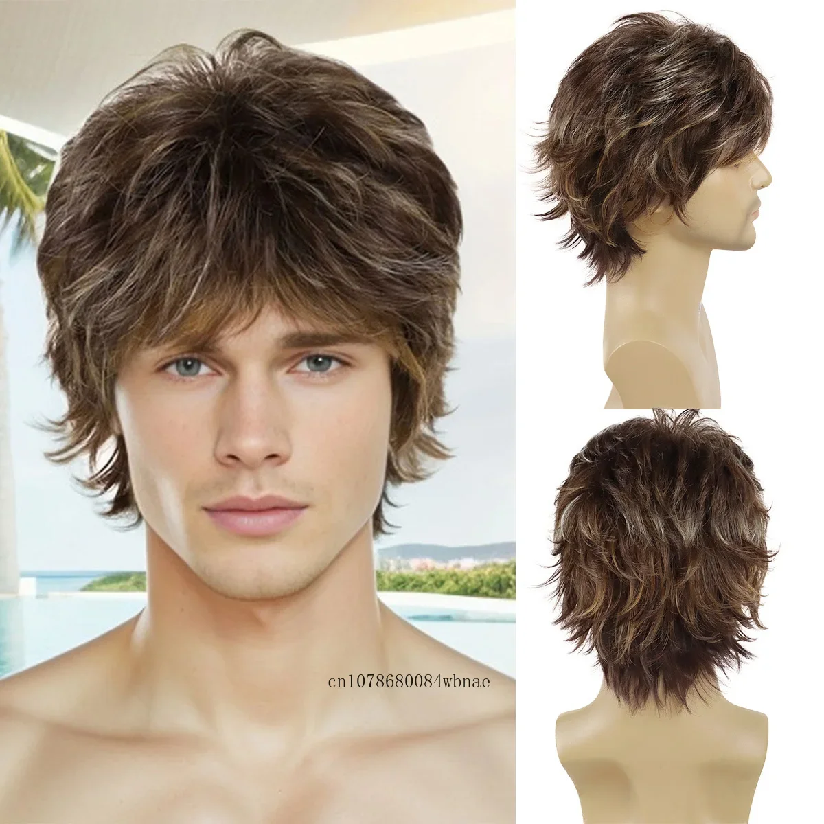 Men's Short Mix Brown Wigs Synthetic Natural Wavy Highlighted Wig with Bangs for Handsome Boys Daily Party Costume Halloween