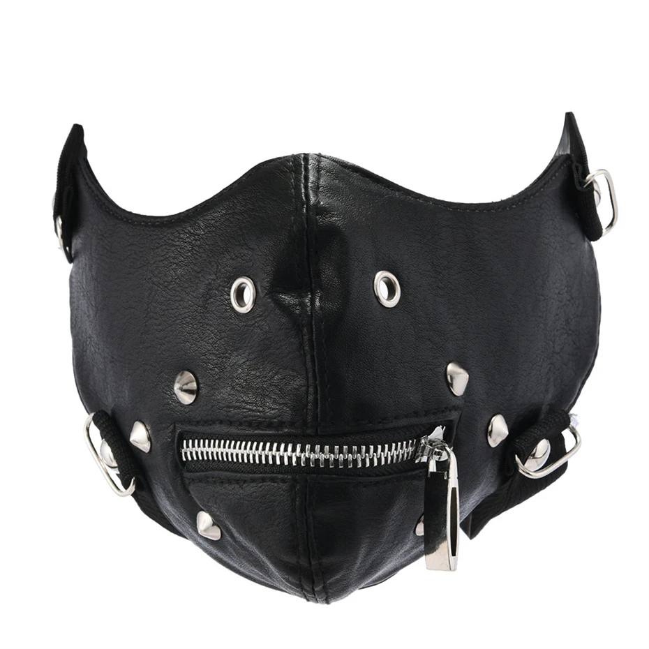 

Party Zipper Leather Mask Men Women Black Halloween Cosplay Face Guard Hip Hop Punk Half Face Mask Techwear