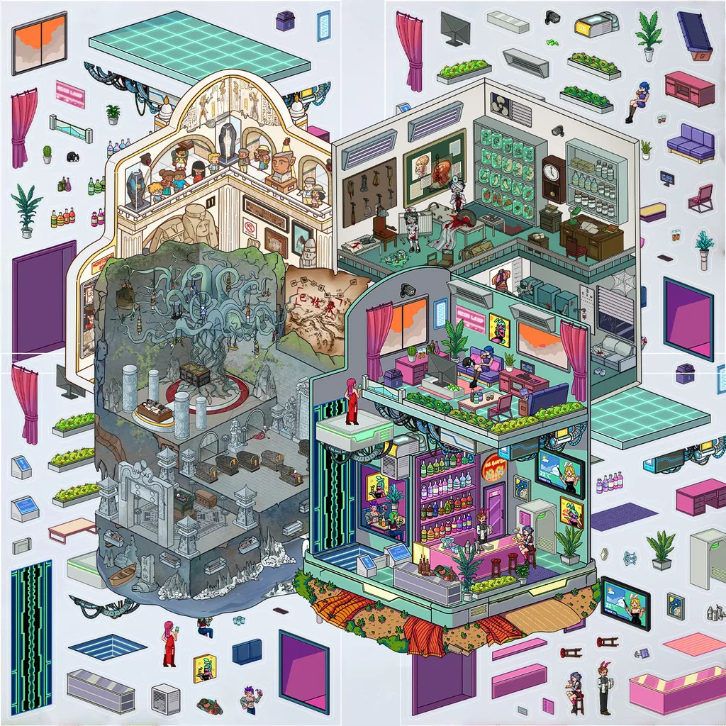 ملصقات المناظر الطبيعية الكرتونية - كوخ ستيريو ثلاثي الأبعاد على طراز Cyber Style، شارات مشهد DIY لتخفيف التوتر لحساب اليد (متجر Anime Worlds)