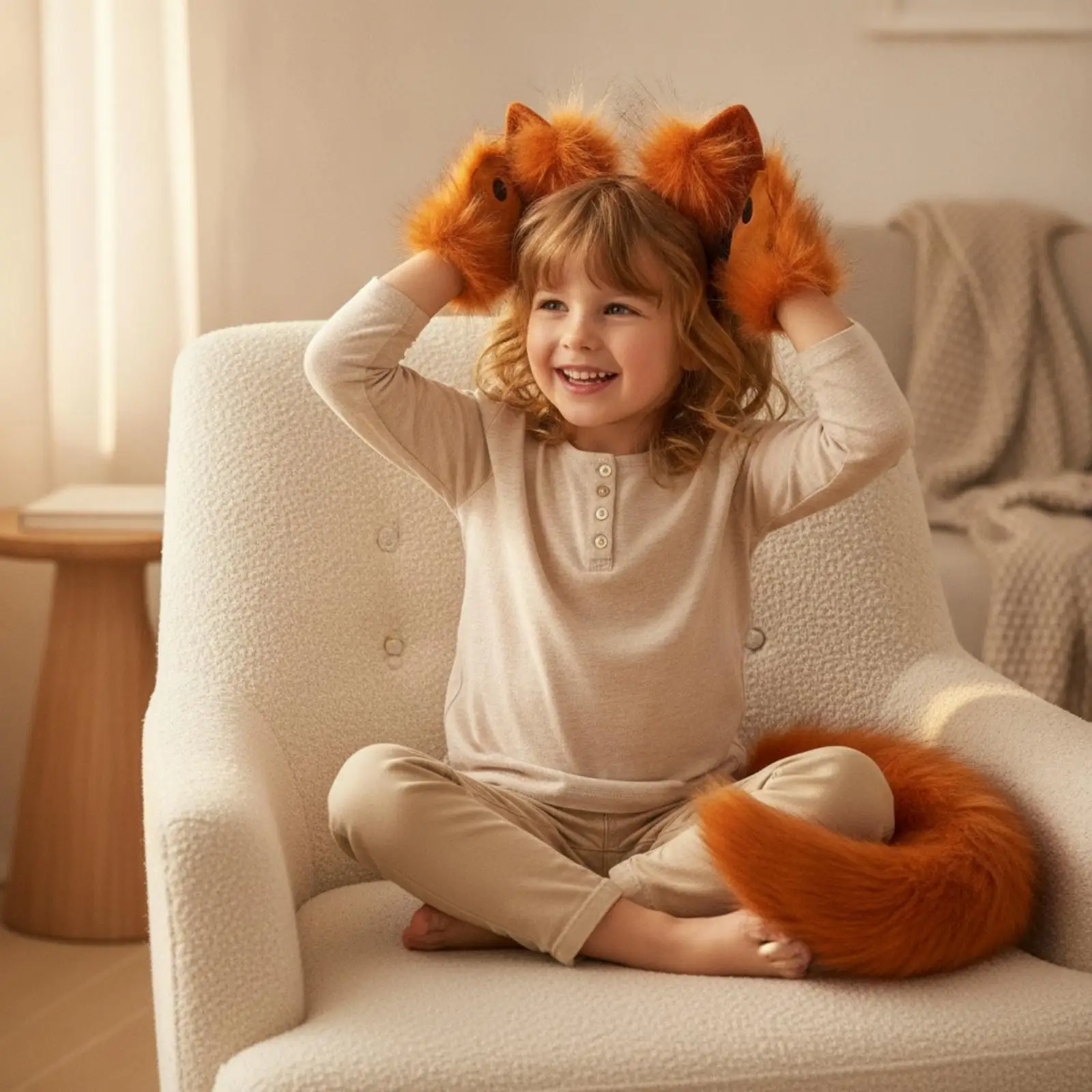 Creature Ears Headband and Tail Set with Paw Gloves Halloween Faux Hair Animal Costume Accessory Ensemble Soft for Cosplayers,