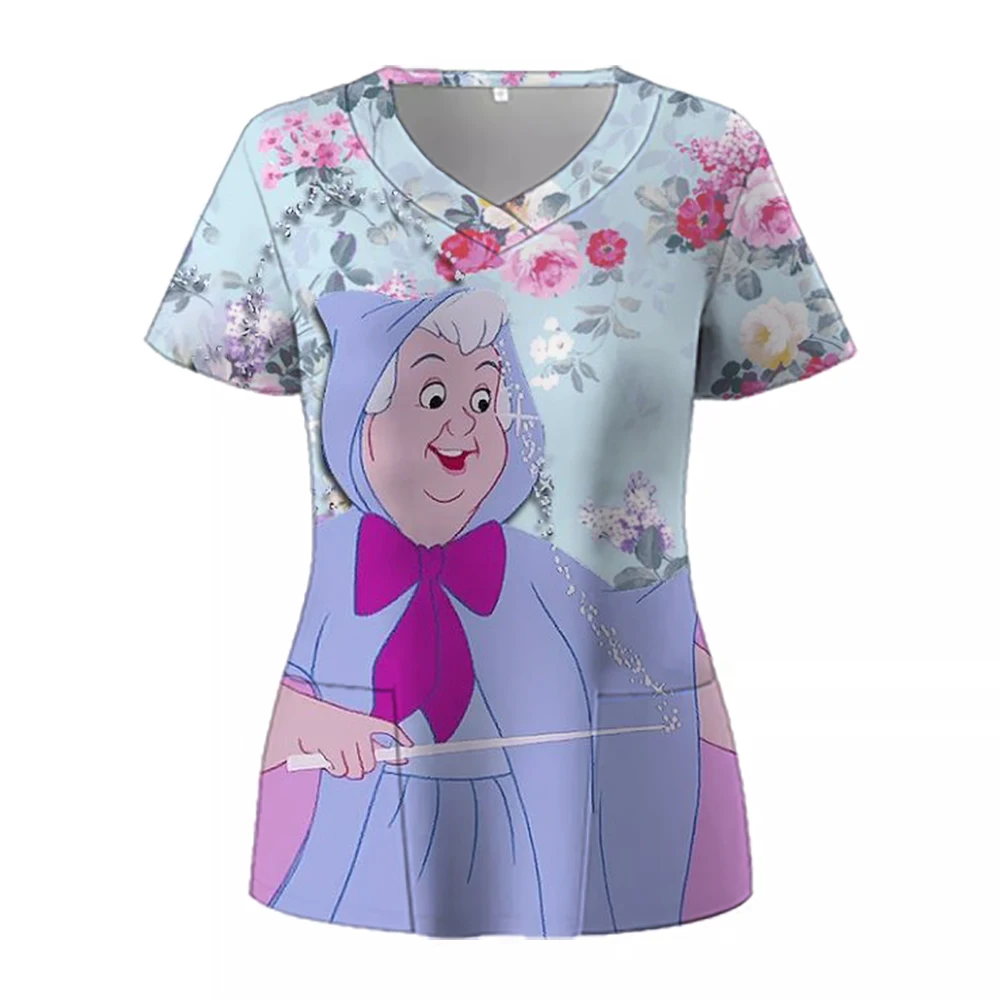 Disney Princess Women Uniform Print Frozen Elsa Snow White Short Sleeve V-neck Tops Femme Blouse Nurse workMedical Uniforms