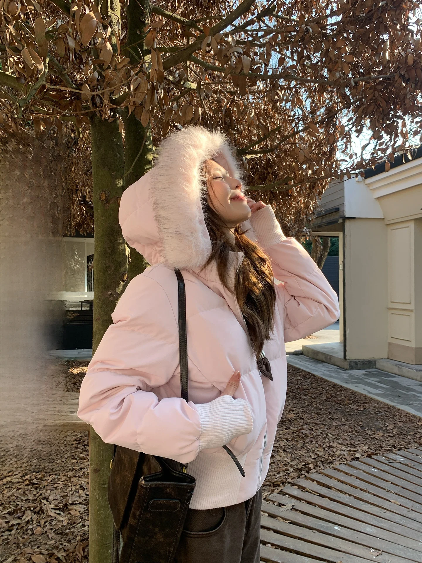 

Женское зимнее теплое пуховое пальто на подкладке, розовое пальто с капюшоном, большой меховой воротник, утягивающая верхняя одежда для поездок на работу