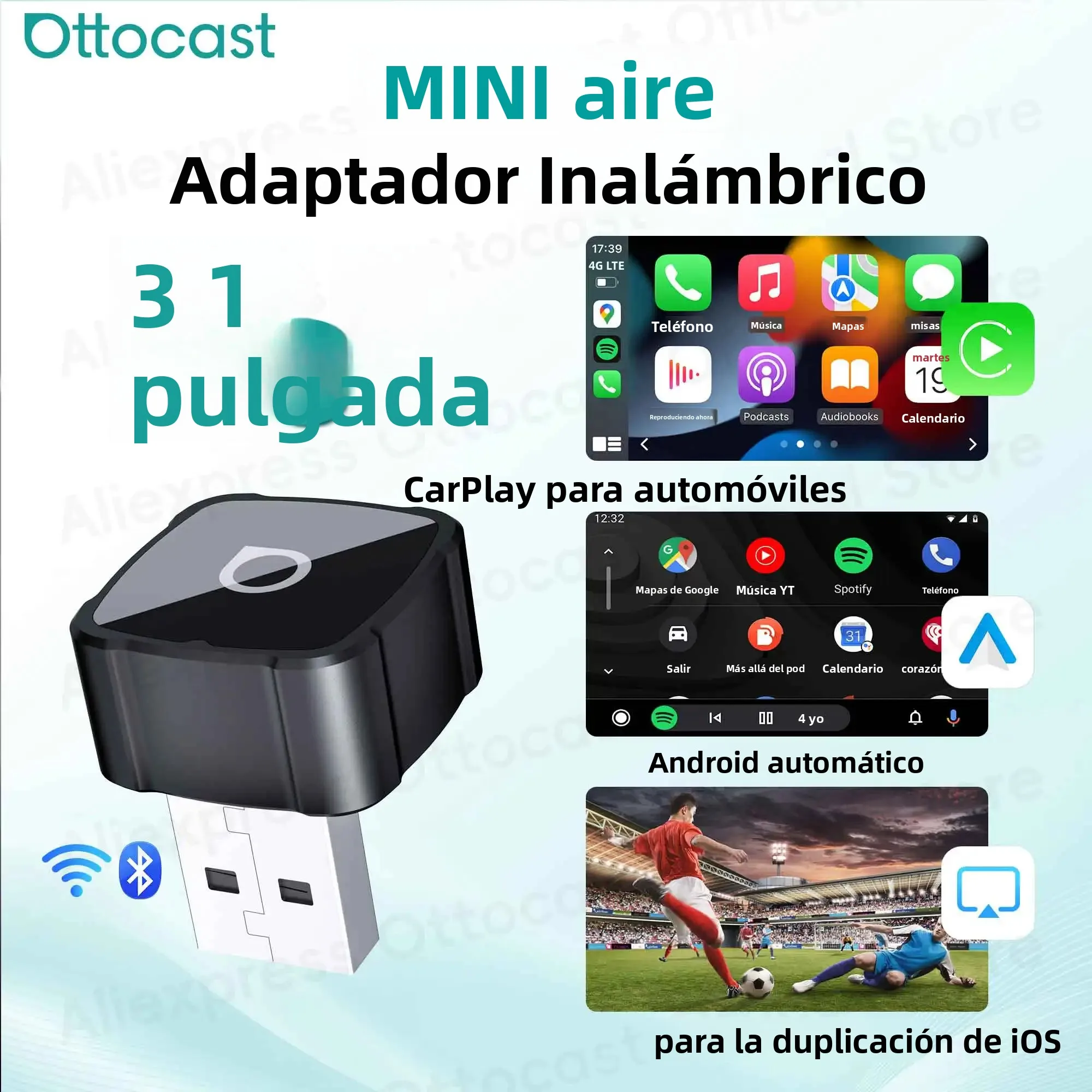 Adaptador OTTOCAST Express MINI AIR 3 en 1, Cubo 4.0, CarPlay Inalámbrico, Android Auto para iOS, Duplicación de Pantalla, Accesorios para Auto 2026