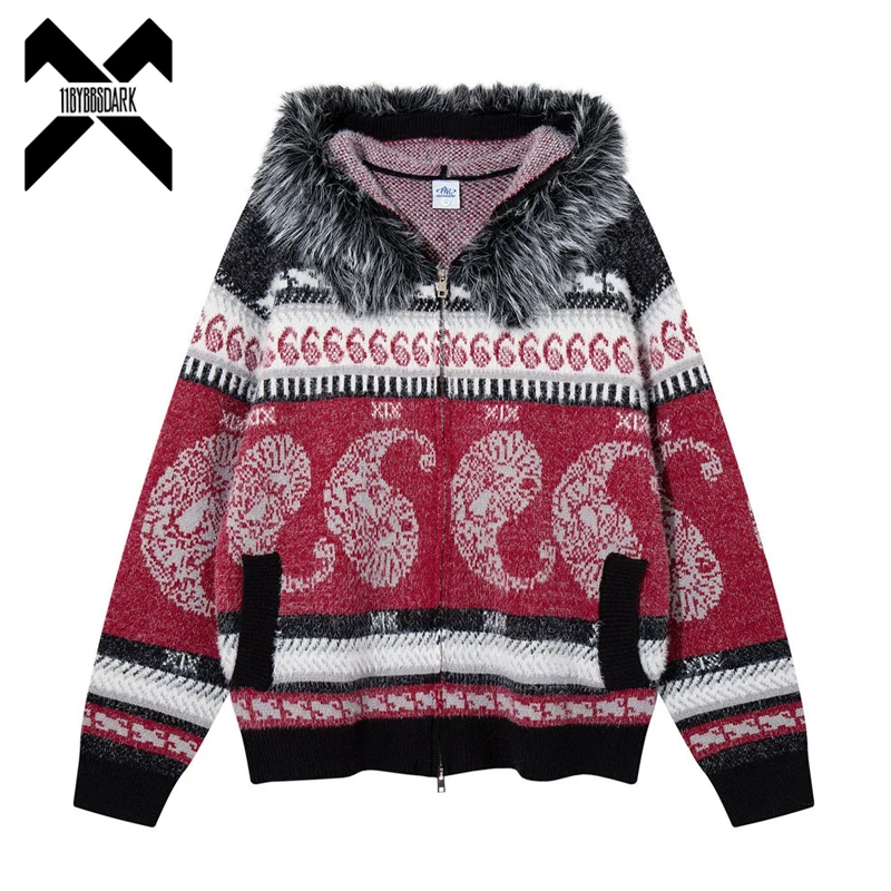 Unisex Faux Fur Collar Hooded Cardigan Sweater 2026 Winter Loose Fit Streetwear Paisley Pattern Vintage Knit Jacket