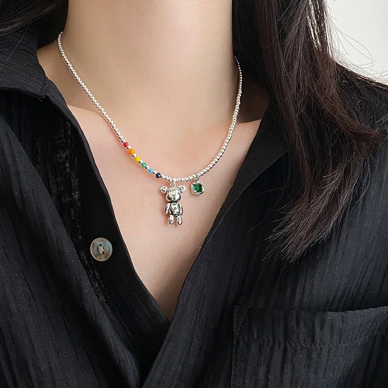 925 Silver Plated Colorful Round Bead Cute Animals Bear Charm Pendent Necklace For Women Jewelry Accessories sl208