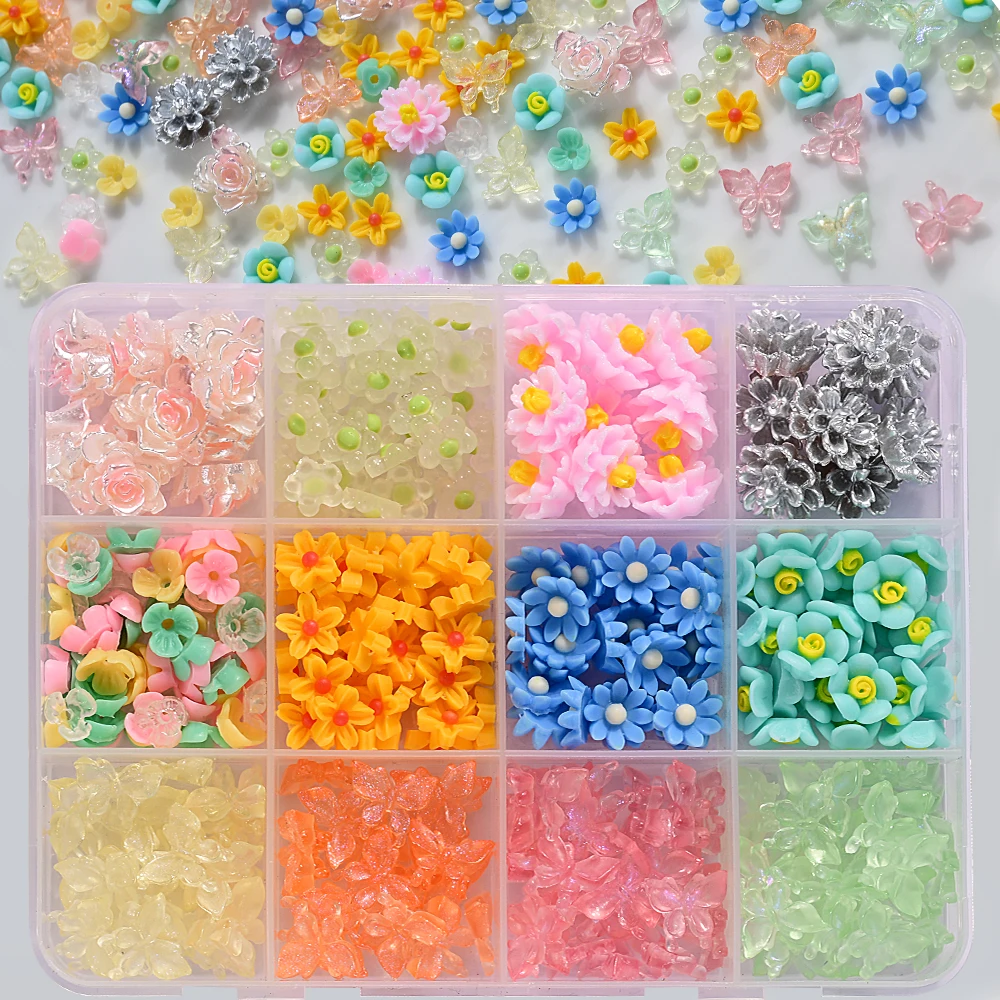 12Grids Pink Hibiscus Flowers Fine Sparkling Butterfly Nail Rhinestone 3D Resin Flower Nail Art Charms DIY Cute Manicure Supplie