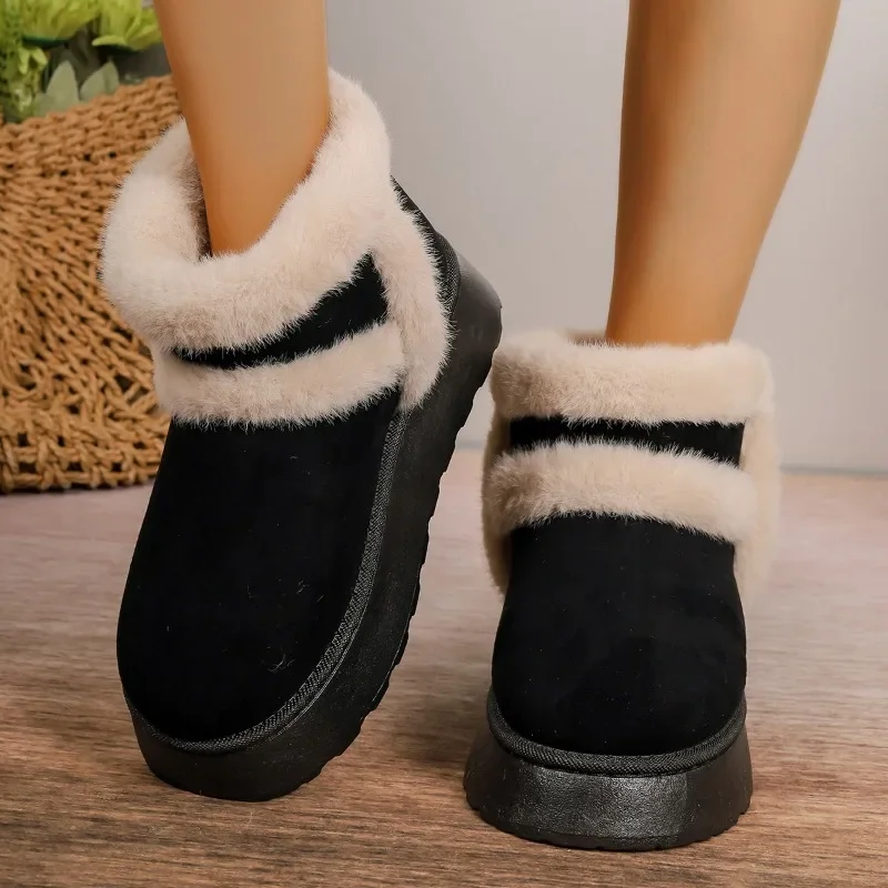 2024 Winter Women Short Plush Warm Snow Boots Casual Shoes  New Suede Fur Chelsea Ankle Boots Flats Platform Ladies Shoes Botas