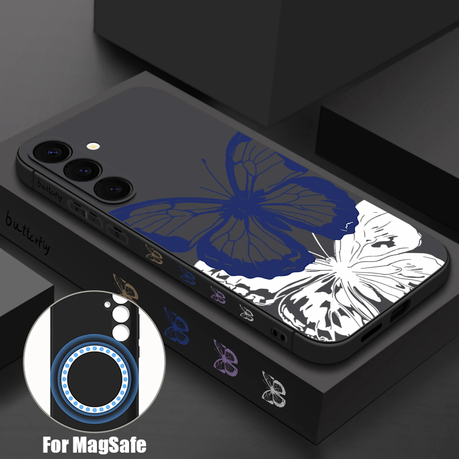 حافظة مغناطيسية على شكل فراشة زرقاء لهاتف سامسونج جالاكسي S24 FE S25 S24 S23 S22 Ultra Plus لغطاء الهاتف الناعم للشحن اللاسلكي Magsafe