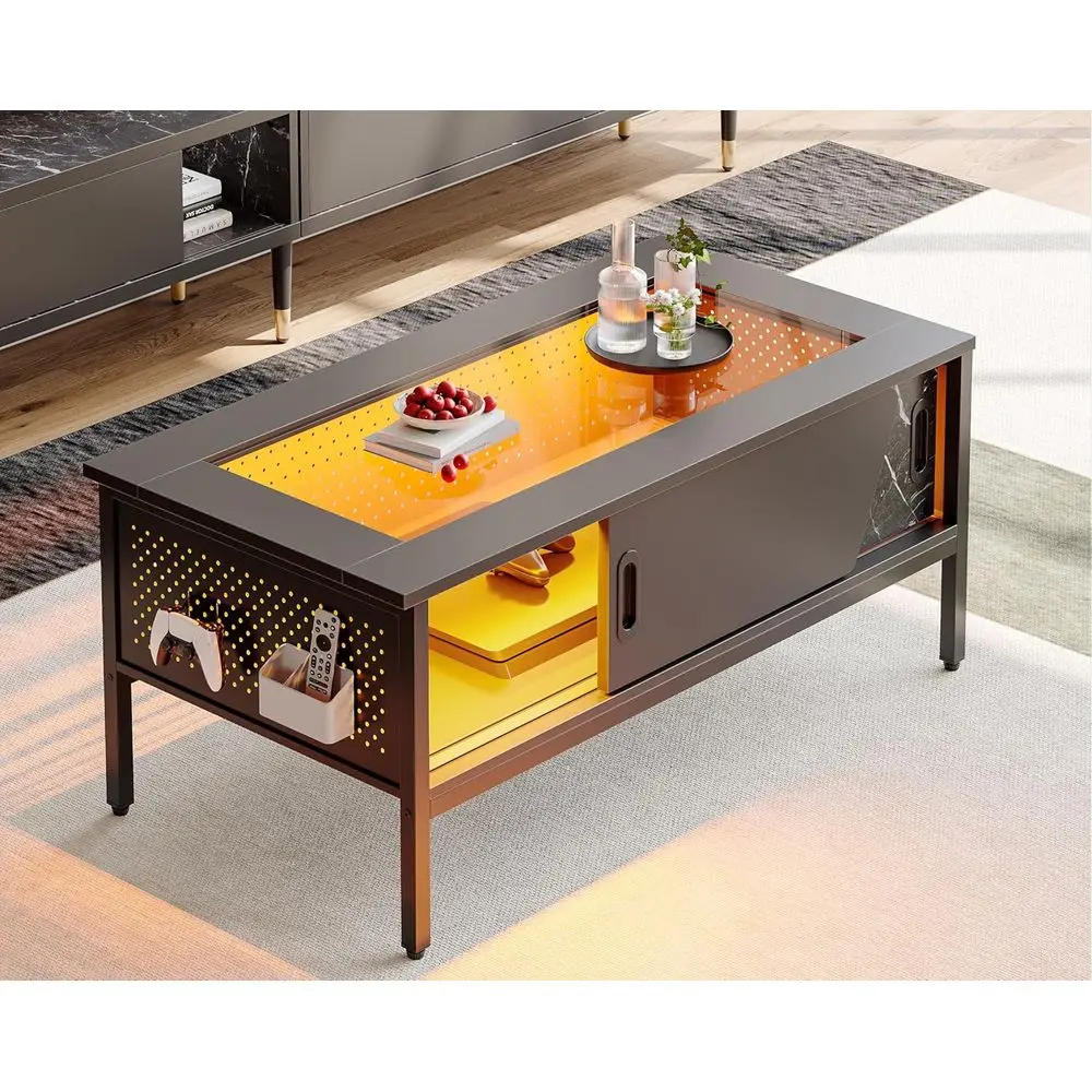 طاولة قهوة حديثة مكونة من 42 مصباح LED مع سطح زجاجي لغرفة المعيشة ولمسات سوداء