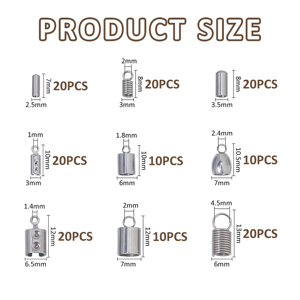 150Pcs 9 Styles Fold Over Cord Ends 304 Stainless Steel Terminators Crimp Cap Clasp Tips Glue-in Leather Cord Barrel End Tip