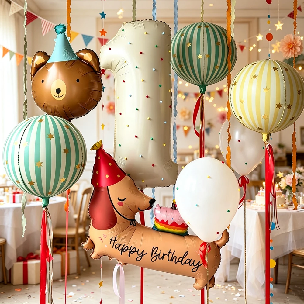 Kleiner Bär Wursthund Ballon-Set Milchweiße Zahlen- und Streifenballons Geeignet für Geburtstags- und Taufthemen-Dekoration – Detail 1