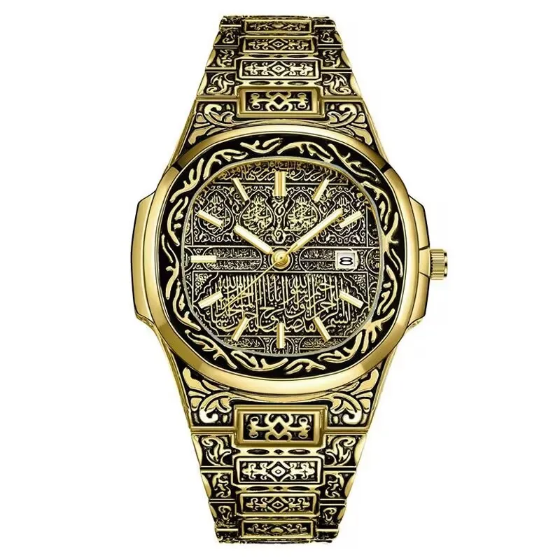 패션 럭셔리 브랜드 빈티지 남자 쿼츠 시계 꽃 패턴 조각 손목 시계 빈티지 쿼츠 시계