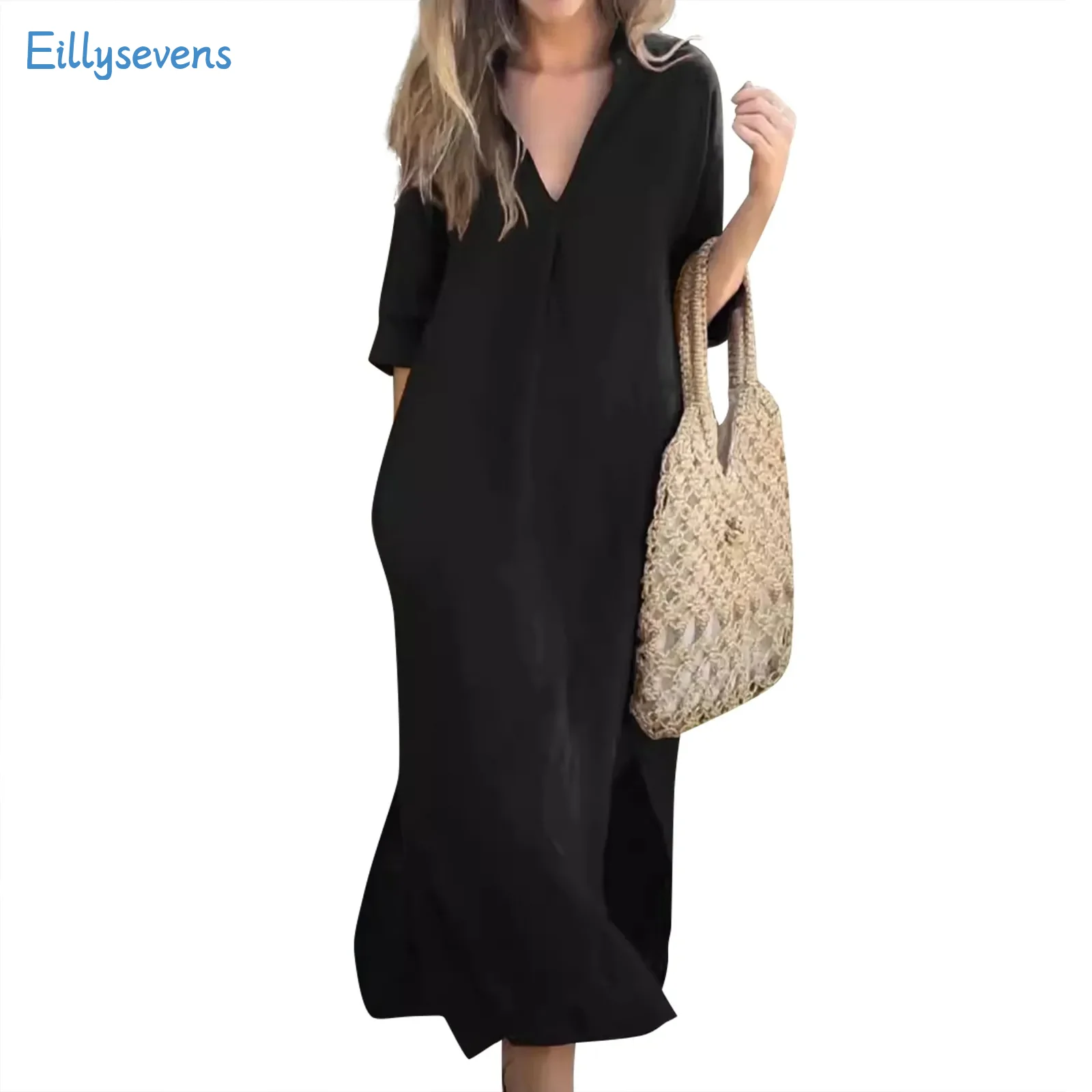 فستان نسائي فضفاض برقبة على شكل حرف V ، فتحة جانبية على كلا الجانبين ، فستان جيب بثنيات على الصدر ، رحلة يومية ، عطلة ترفيهية ، كم ، جديد