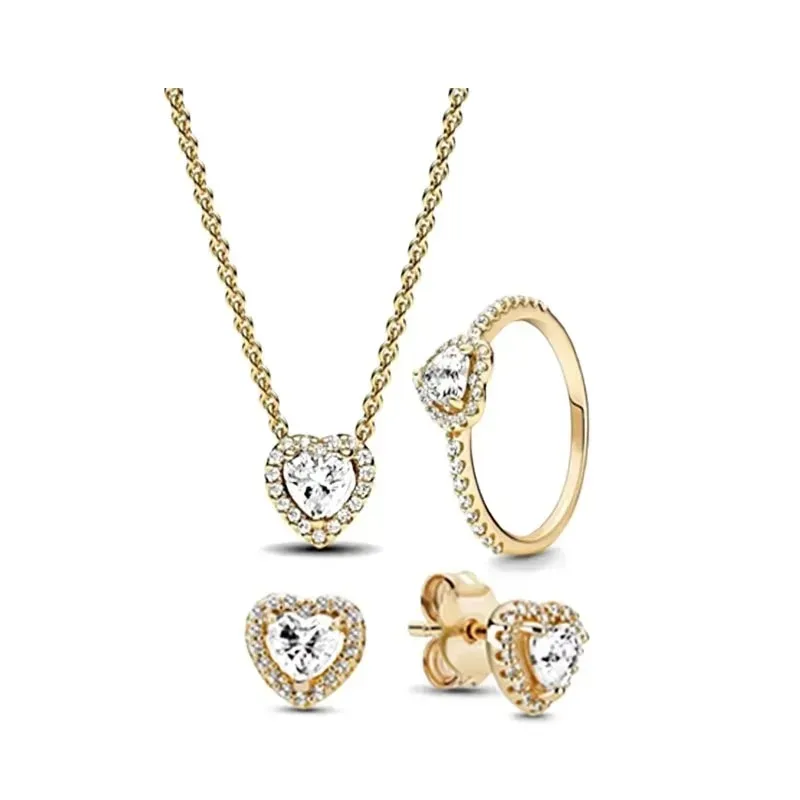 

925 sterling silver classic set women's jewelry luxurious charm pink crystal heart-shaped ring earrings necklace holiday gift