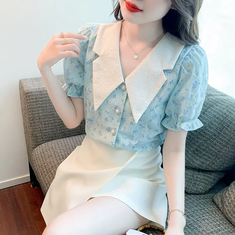 2024 Summer New Blouses Women\'s Chic Flattering Printed Spliced Button Standard Peter Pan Collar Puff Sleeve Chiffon Shirts Tops