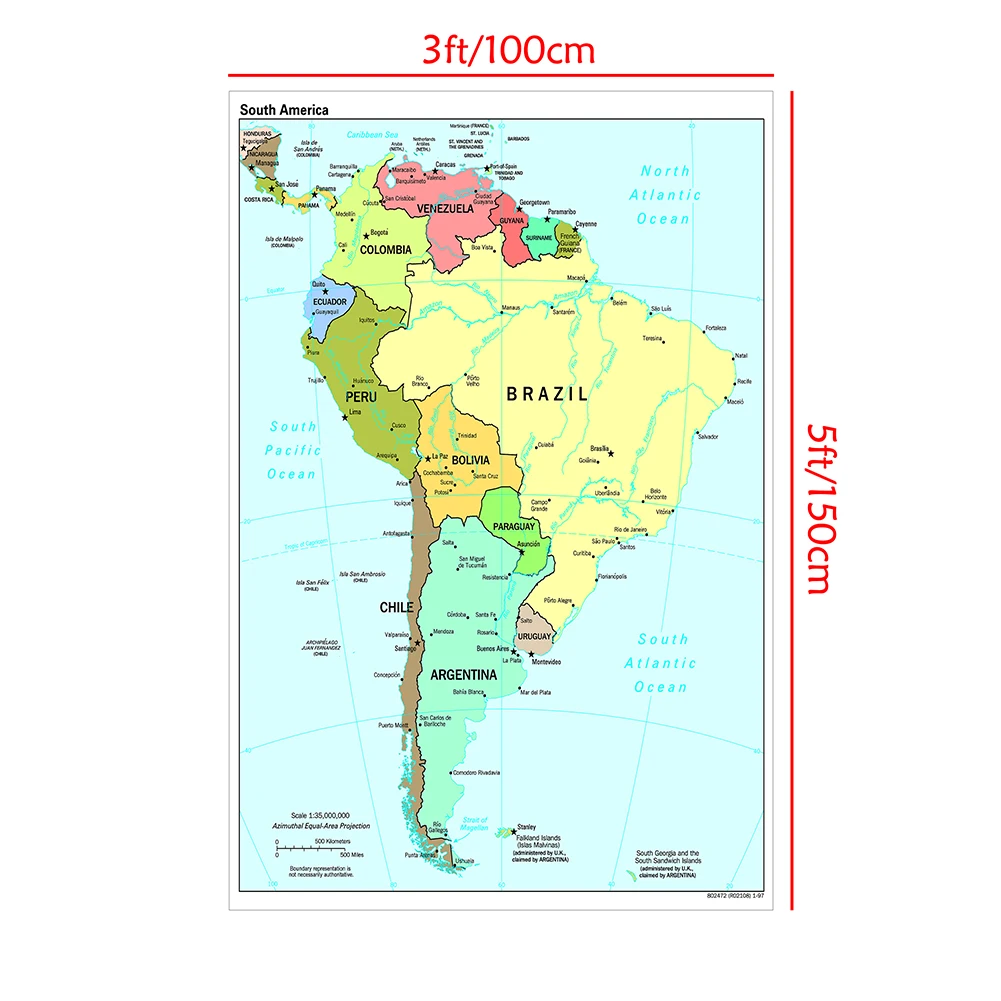 Map of South America in English Large Wall Poster Spray Canvas Painting Living Room Home Decor School Supplies 100*150cm