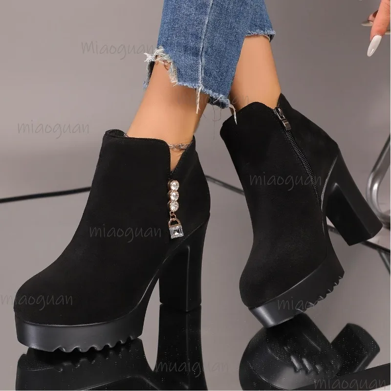 Winter Rhinestone Platform Boots Women's Size 36-43 Furry Lined Chunky Heel Ankle Boots Pointed Toe Thick Sole Booties Ladies