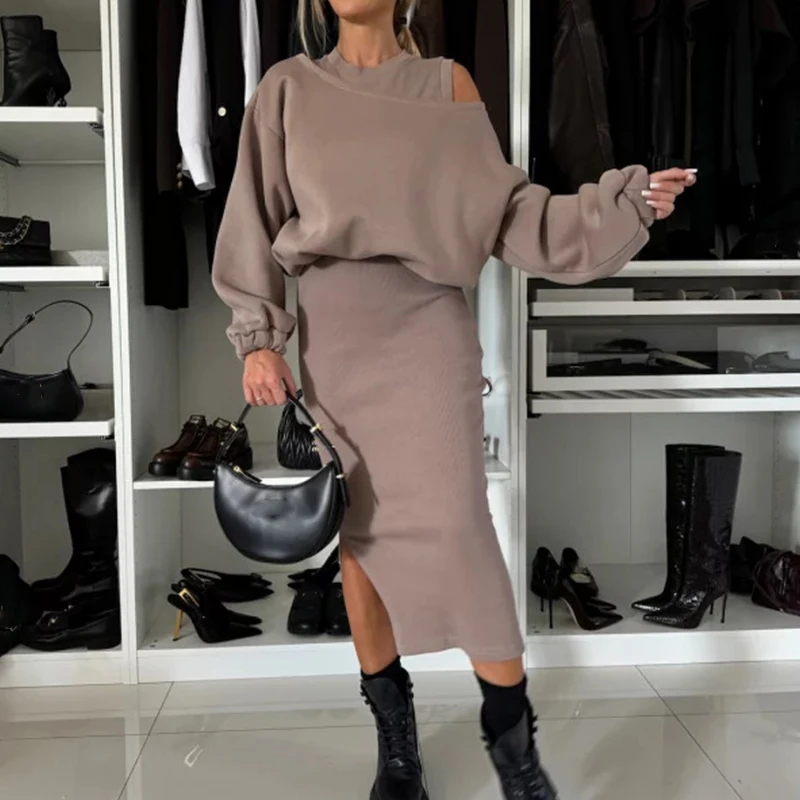 Elegant Solid Sport Outfits Fashion O-neck Sleeveless Vest Long Skirt & Sweatshirt Suits Women Causal Bat Sleeve Loose 2Pc Sets