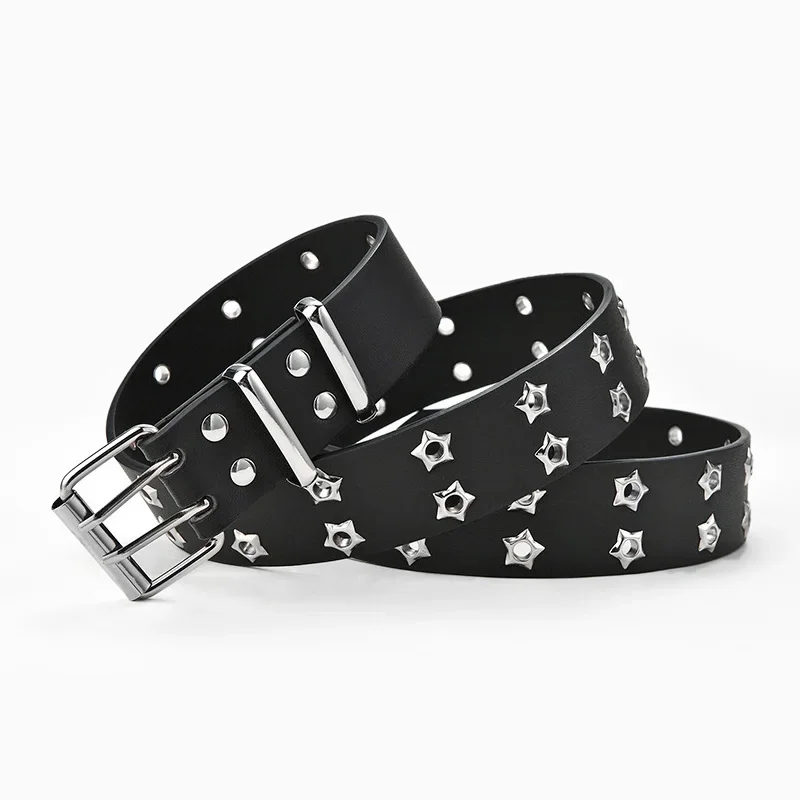 

New Star Eye Rivet Belt Goth Style Double Pin Buckle Man Woman Fashion Casual Puck Style Pu Leather Waistband for Jeans Young