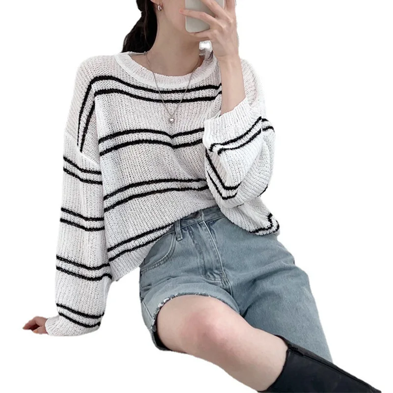 Striped Long Sleeve Sun Protection T-shirt Women Chic Autumn Thin Loose Knitted Top Hollow Short Air Conditioning Blouse Fashion