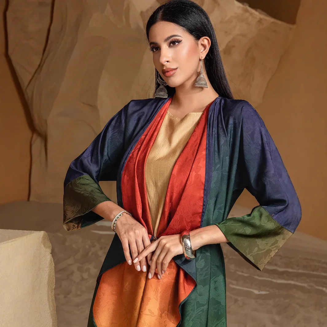 

Gradient Color Satin Kimono Open Abaya Ramadan Dubai Kaftan Muslim Women Maxi Dress Eid Islam Jalabiya Reversible Cardigan Robe