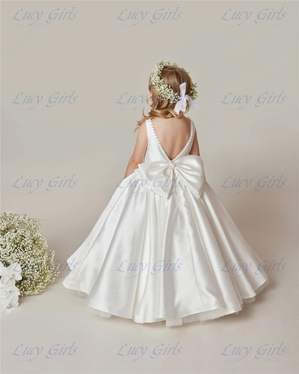 Lovely White Satin Fluffy With Big Bow Flower Girl Dress for Bridesmaid Wedding Little Girls Birthday Party Evening Ball Gowns