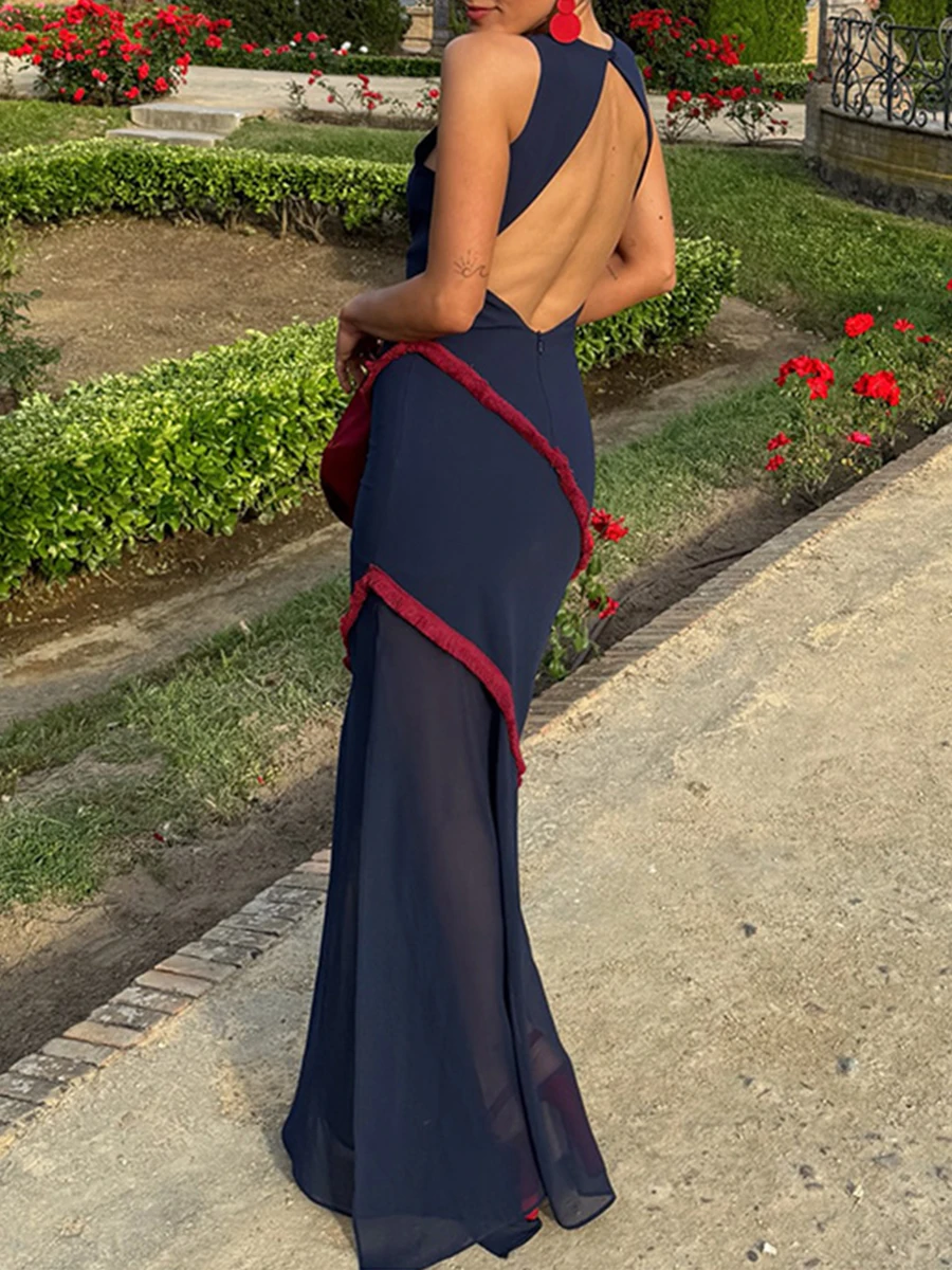 TWOTWINSTYLE Elegant Spliced Sheer Mesh Dress for Women O Neck Sleeveless High Waist Hit Color Slimming Evening Dresses Female