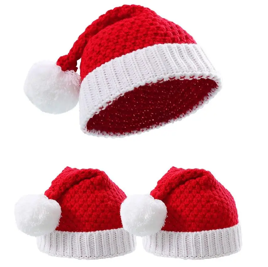 10pcs Christmas Knitted Santa Hats White Red Beanie with Pom Ball Winter Warm Hat Holiday New Year Xmas Decor for Kids Men Women