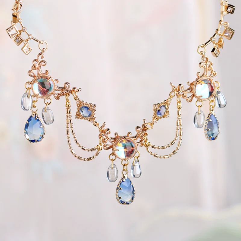 Blue Water Drop Necklace Chinese Vintage Multilayer Frontlet Necklace Women Lolite Hanfu Accessories Necklace Gift For Women