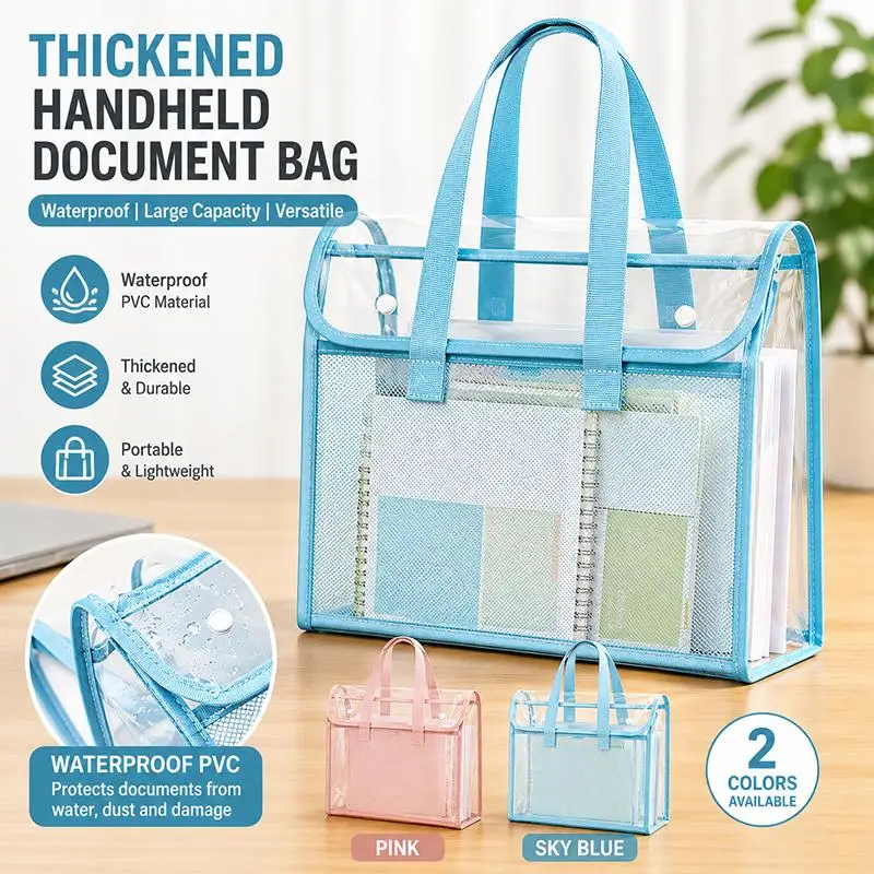 See-through Design PVC File Bag 1Pcs Large Capacity Portable Handheld Document Storage Pouch