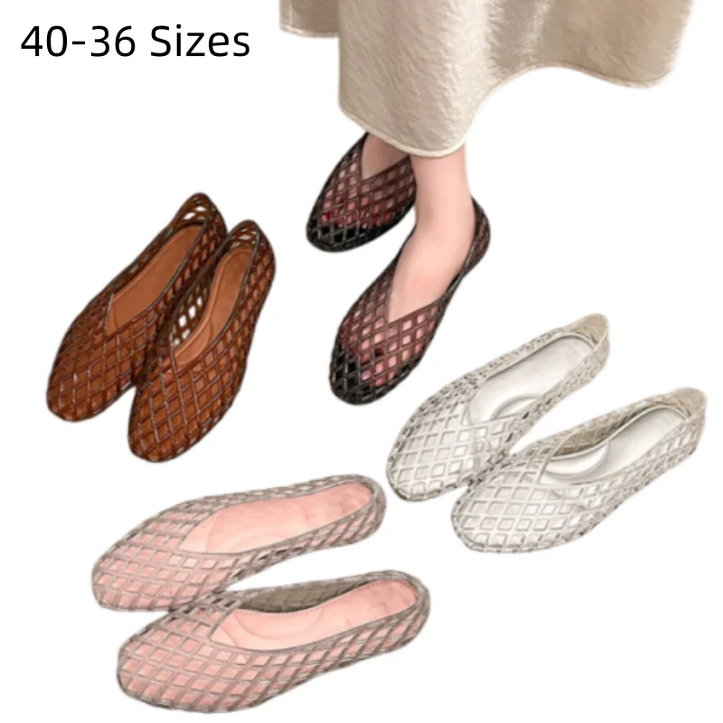 Lady Jelly Flats Square Tip Hollow Slip-On PVC Shoes Low Pricing Plastic Breathable Lesiure Slip-On 36 40 39 37 Pink Brown Clear
