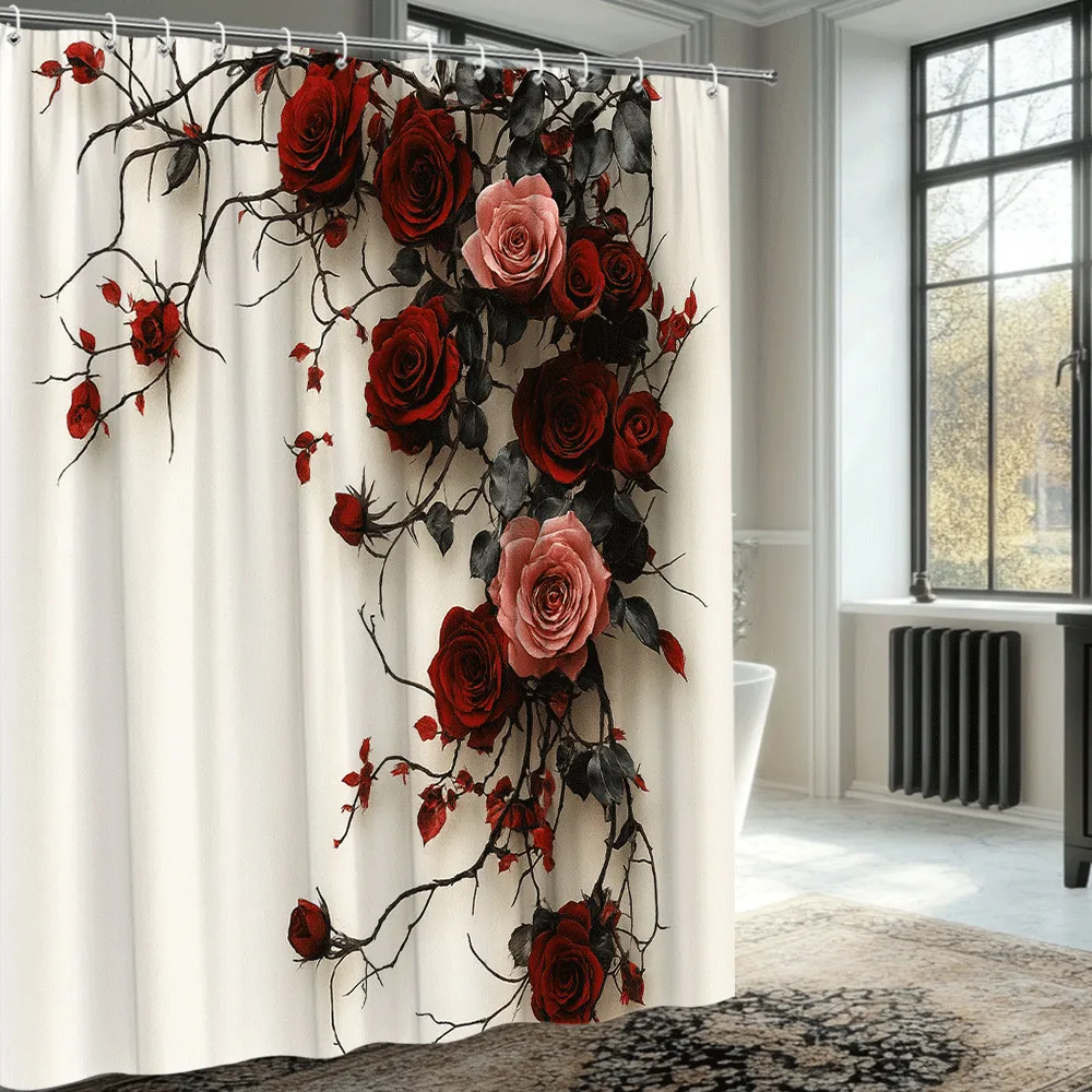 Red Roses and Black Branches Shower Curtain Dramatic Floral Design on White Background Romantic Bathroom Decor Waterproof