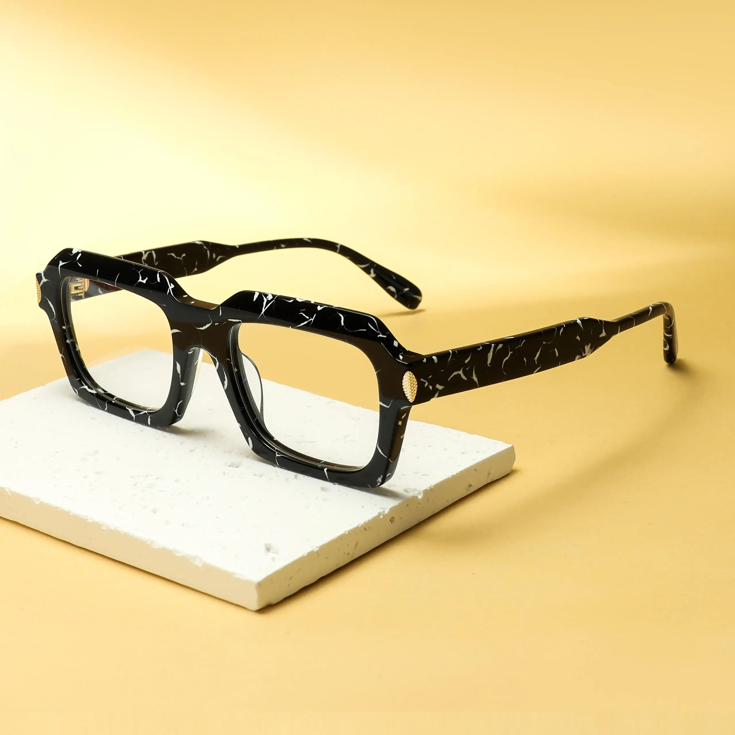 VZONE Eyeglass Frames Vintage Black Acetate Rectangle Marble Rivet Prescription Ready for Men Women Classic Style
