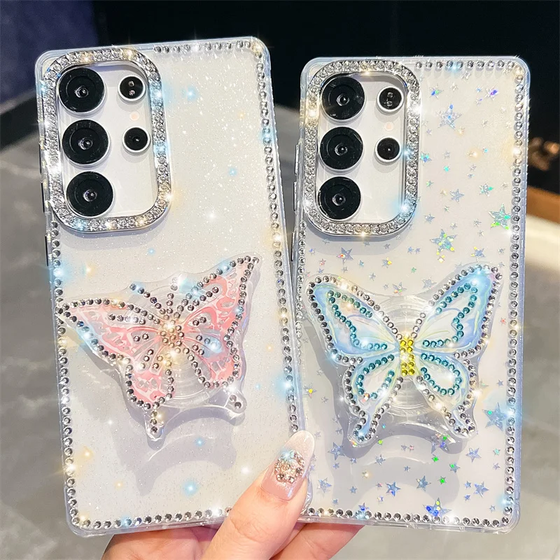 

Diamond border Glitter Phone Case For Sansung Galaxy S25Ultra S24 S23 Plus FE A16 A26 A36 A56 A15 A35 A55 5G butterfly Holder