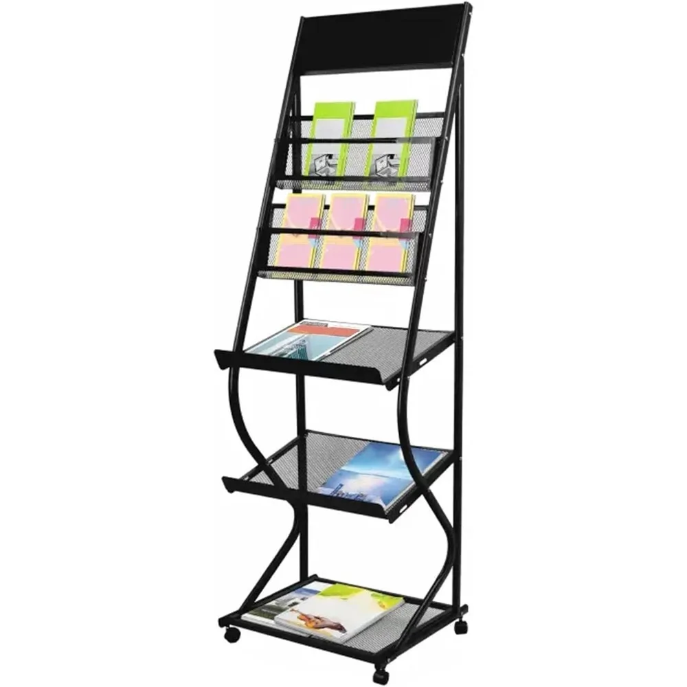 Large Literature Magazine Stand on Wheels, 6 Tier Stand Up Brochures Rack for School/Hotel Lobby/Libraries Bookshelf