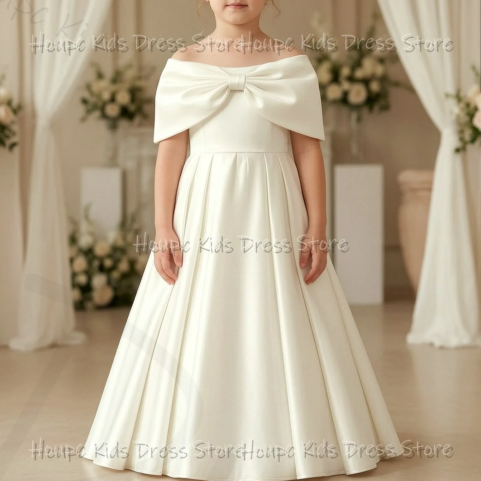 Off Shoulder Satin Bow Floor-Length Wedding Birthday Party Evening Party Custom Flower Girl Dresses Prom Dresses